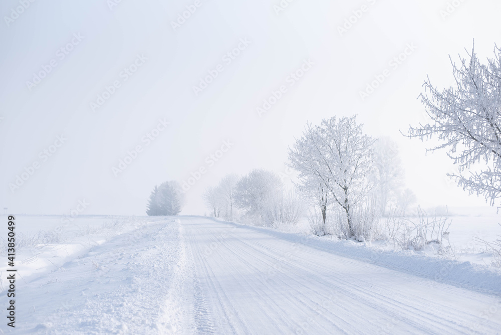 Winter rural landscape, road covered with snow and trees covered with frost, misty cold morning
