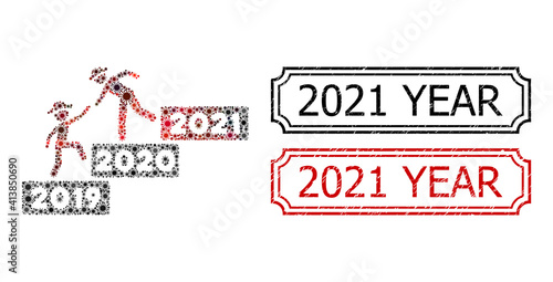 Collage 2021 year guy help constructed from flu virus icons, and grunge 2021 Year rectangle stamps with notches.