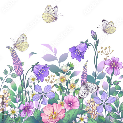 Hand Drawn Meadow Flowers and Butterflies