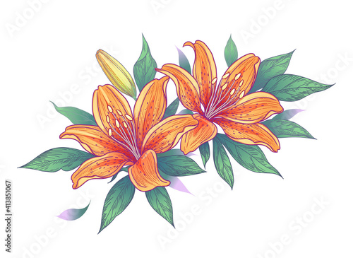Hand Drawn Bunch with Orange Lily Flowers