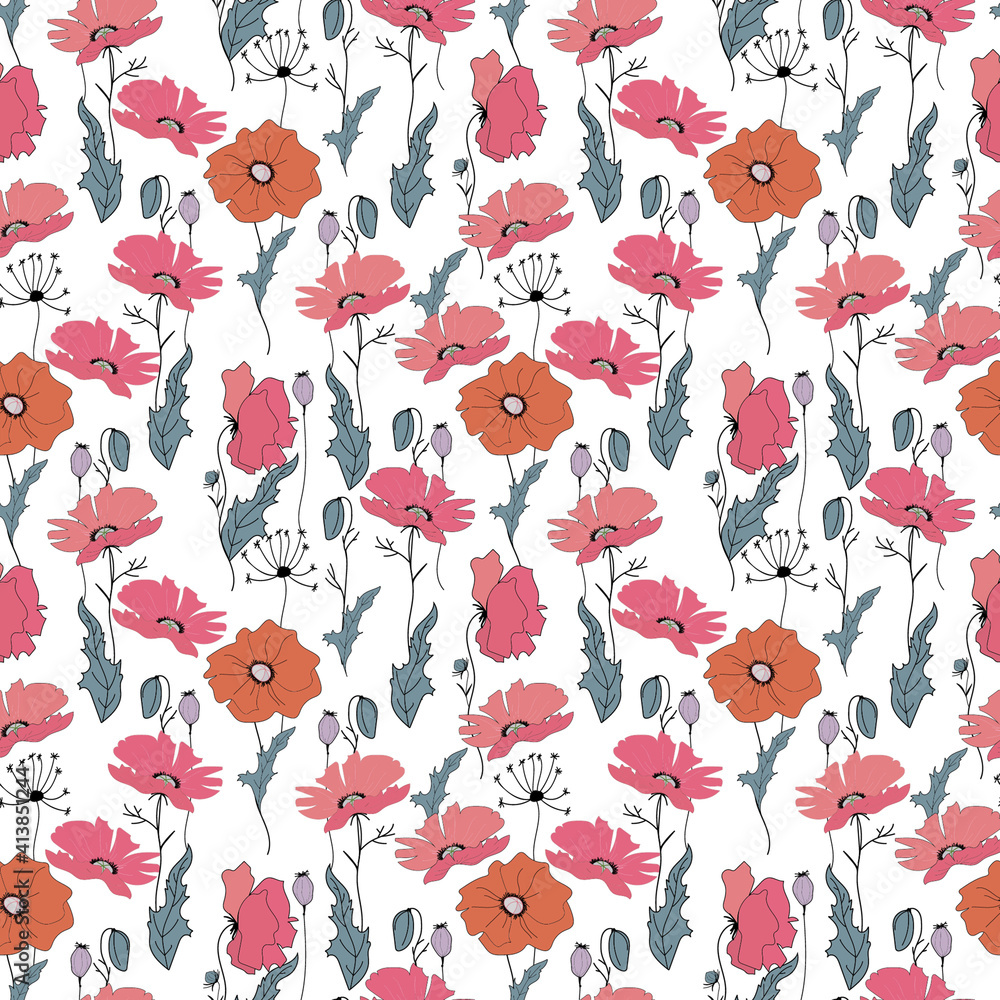 Abstract poppies flowers seamless pattern.