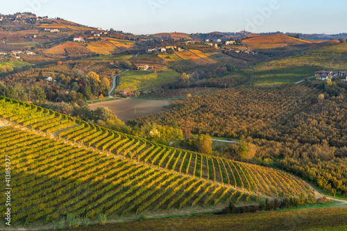 Beautiful autumn landscape among the vineyards of Langhe, Piedmont, Italy