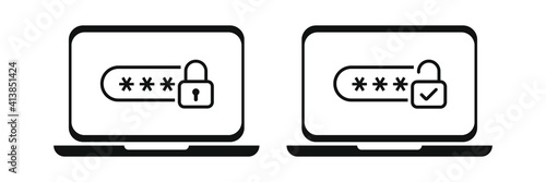 Laptop icons with password secured. Password protected sign. Laptop with enter password code, verification security authorization two step authentication.