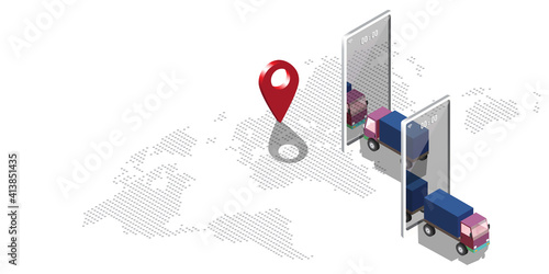 Smart logistics concept is presented as isometric version of a pinned map to inform location and trucks and smartphone navigation device with polka dot world map isolated on white background