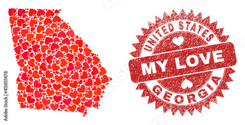 Vector collage Georgia State map of love heart items and grunge My Love seal stamp. Mosaic geographic Georgia State map constructed using love hearts.