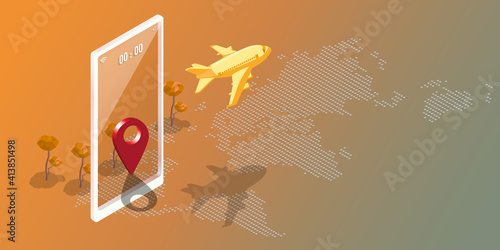 Smart logistics concept is presented as isometric version of a pinned map to inform location and airplane with smartphone navigation device with polka dot world map isolated on gradient background