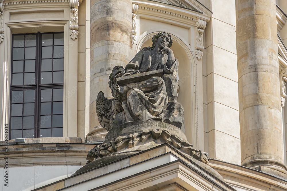 Architectural fragments of French Cathedral (Franzoesischer Dom, 1705) at the Gendarmenmarkt. Berlin, Germany.