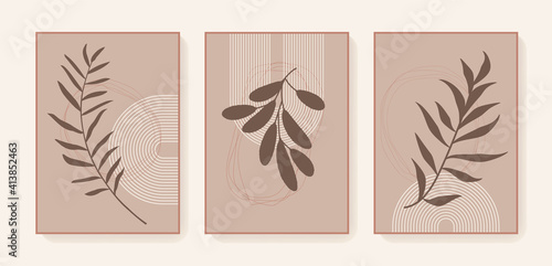 Vector minimal boho triptych exotic prints. Bohemian tropical feminine botanical posters. Boho style wall art home decor. Earth tone neutral colors. Scandinavian design wall prints