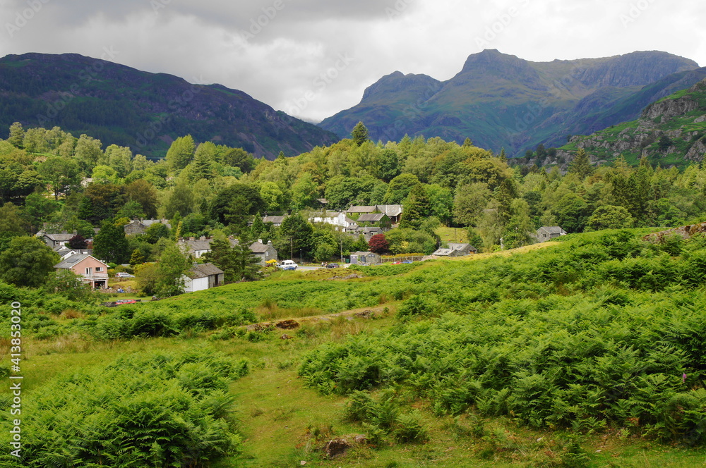 Elterwater Village and the Langdale Pikes, Cumbria, Lake District National Park, England, UK