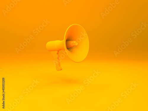 Orange megaphone isolated on orange background. Portable bullhorn. Creative minimal design art. 3d illustration.