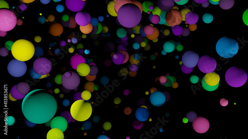 Colorful balls are falling in dark background (3D Rendering)