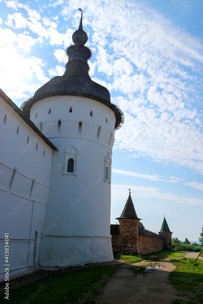 Summer view of medieval wall and towers of famous landmark of russian golden ring Rostov the great kremlin