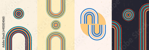 Vector illustration. Abstract poster set. Contemporary backgrounds. Mid century wall decor. Design elements for book cover, page template, print, card, brochure, magazine, poster. 60s, 70s graphic.