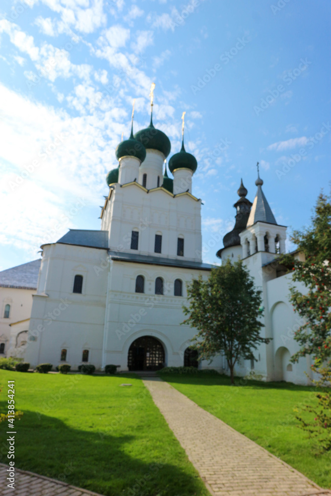 Old and beautiful white Church of St. John the Theologian in Rostov kremlin, golden ring, Russia