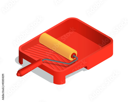 Isometric vector illustration orange paint roller and red plastic paint tray isolated on white background. Realistic paint roller brush and paint tray icon in flat cartoon style. Painting, renovation.