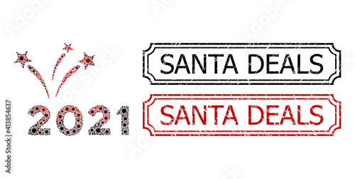 Collage 2021 fireworks composed of SARS virus elements, and grunge Santa Deals rectangle stamps with notches.