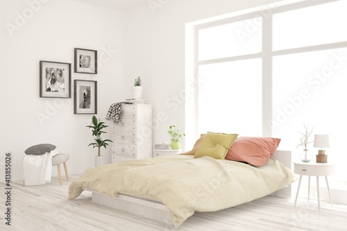 White bedroom interior. Scandinavian design. 3D illustration