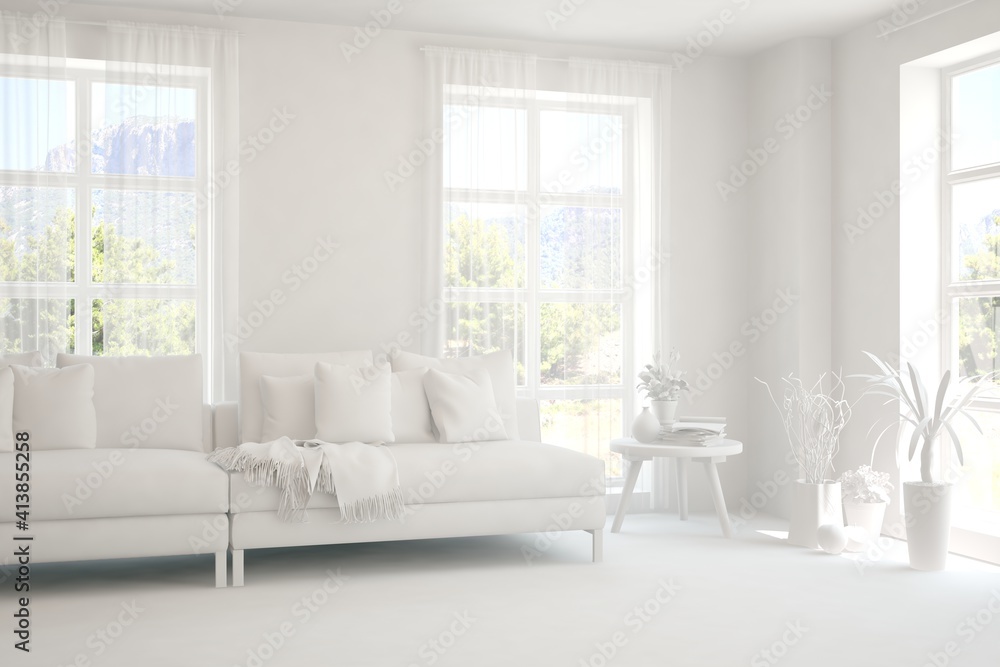Fototapeta premium White living room with sofa and summer landscape in window. Scandinavian interior design. 3D illustration