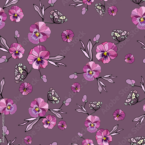 Seamless decorative elegant pattern with cute flower of pansy. Vintage antique watercolor style print for textile, wallpaper, covers, surface