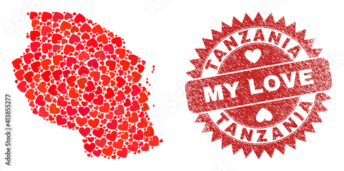 Vector collage Tanzania map of love heart elements and grunge My Love stamp. Collage geographic Tanzania map created with lovely hearts.
