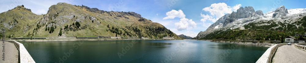 Silvretta reservoir in Galtür, Austria, extreme panorama shot