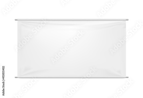3d Vector realistic textile roll up banner. Empty Mockup. White blank template for branding and advertising. Rectangular Horizontal wide banner or screen. EPS10.