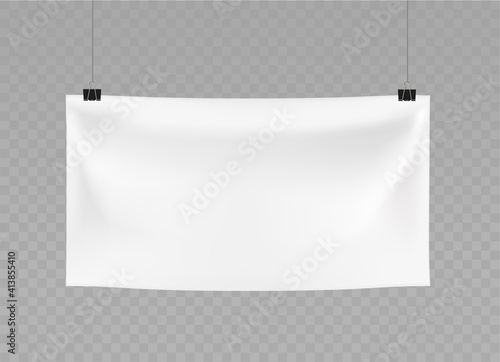 3d Vector realistic Empty rectangular Banner hanging on binder clips and ropes. Mockup. Horizontal wrinkled Poster isolated on transparent. Template for Design and Advertising. EPS10.