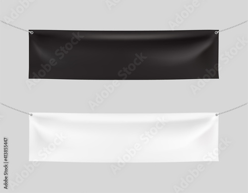 White and Black banners. Mockup. Vector realistic template. Two hanging horizontal banners on the ropes. Textiles, PVC, Vinyl, Nylon. for presentation, promotion, advertising. EPS10.