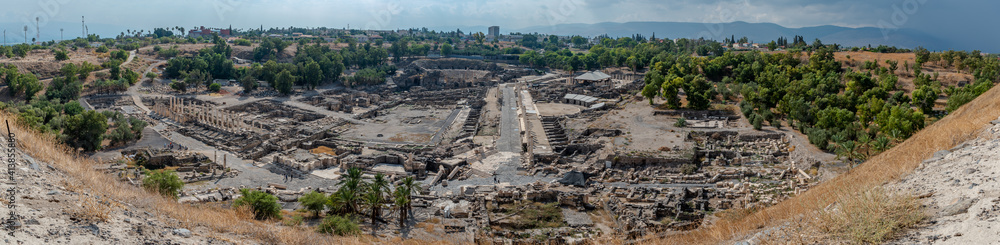 Panoramic overview of the ruins and modern city at Beit She`an in Israel