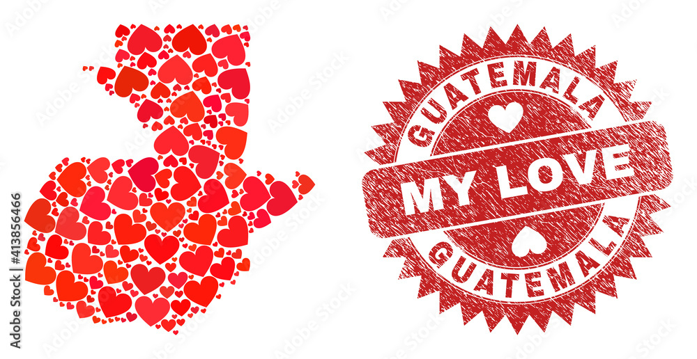 Vector mosaic Guatemala map of lovely heart items and grunge My Love seal. Mosaic geographic Guatemala map constructed with lovely hearts. Vector mosaic Guatemala map of lovely heart items and grunge My Love seal. Mosaic geographic Guatemala map constructed with lovely hearts.