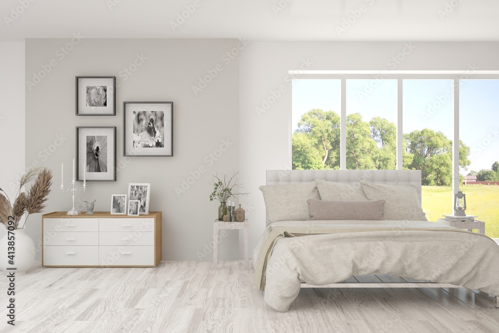 Fototapeta premium Stylish bedroom in white color with summer landscape in window. Scandinavian interior design. 3D illustration