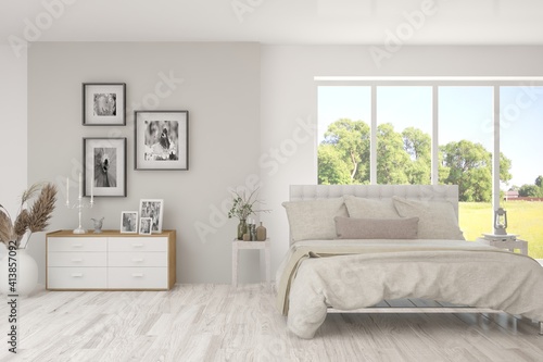Stylish bedroom in white color with summer landscape in window. Scandinavian interior design. 3D illustration © AntonSh