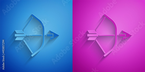 Paper cut Bow and arrow in quiver icon isolated on blue and purple background. Paper art style. Vector.