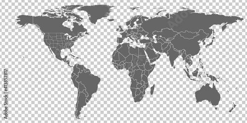 World Map vector. Gray similar world map blank vector on transparent background. Gray similar world map with borders of all countries and States of USA map. High quality world map. EPS10. © katarinanh
