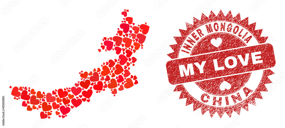 Vector collage Inner Mongolia map of valentine heart items and grunge My Love stamp. Mosaic geographic Inner Mongolia map designed with love hearts. Vector collage Inner Mongolia map of valentine heart items and grunge My Love stamp. Mosaic geographic Inner Mongolia map designed with love hearts.