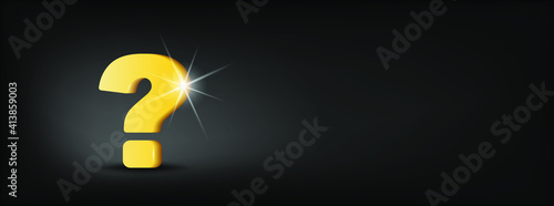 Gold question mark isolate on black background with shadow and lens flare. Design Elements for Web, Internet, App, Advertisement, Promotion. 3D vector