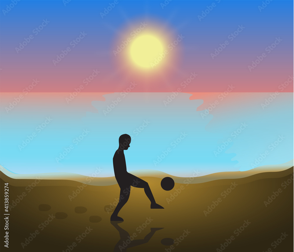 Tropical island sea beach, Summer background, vector illustration of the evening beach at sunset with waves Tropical island sea beach, Summer background, vector illustration of the evening beach at sunset with waves