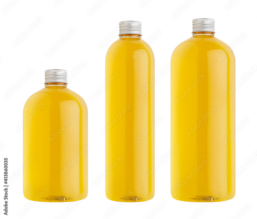 Collection plastic transparent bottles - tall, low and thick with orange drink, cooking oil or cosmetic produce, silver cap mockup, isolated, template. Collection plastic transparent bottles - tall, low and thick with orange drink, cooking oil or cosmetic produce, silver cap mockup, isolated, template.