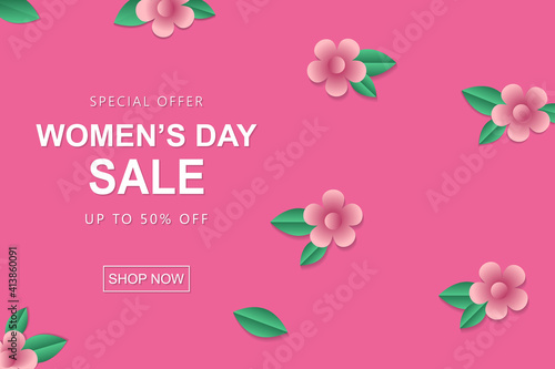Top view of flowers with leaves isolated on pink background with copy space for text or design. International women's day concept. Vector illustration in flat style