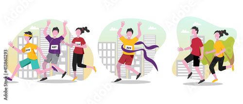 Running people vector cartoon illustrations set. Running marathon, winning marathon. Man and woman are running in the city park. Doing cardio, training, immunity strengthening concept. © Vectorcharm