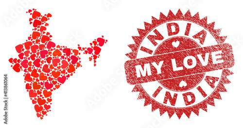Vector mosaic India map of valentine heart items and grunge My Love seal stamp. Mosaic geographic India map constructed with valentine hearts.