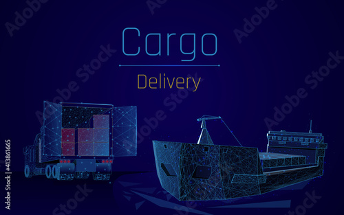 Global logistics network  set of air cargo transportation maritime shipping On-time delivery Vehicles designed to carry large and small numbers of cargo. plexus. vector illustration, dot, low poly,