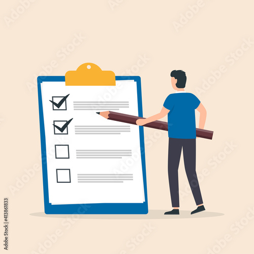 Businessman and checklist. Man holding pencil while looking at a completed checklist on a clipboard. Vector illustration