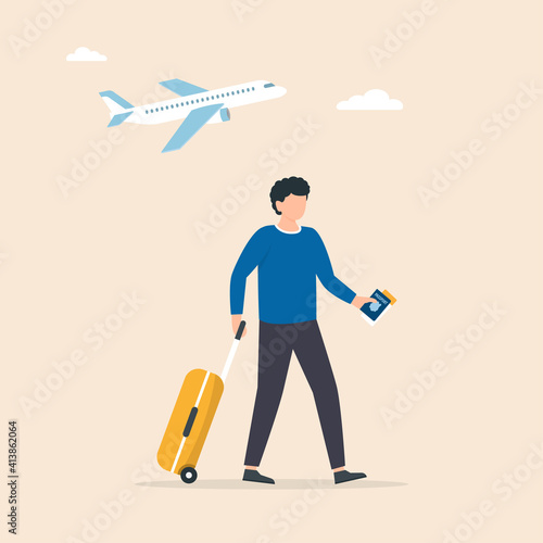 Traveler walking through the airport with a wheel suitcase. Tourist man going on boarding to plane. Vector illustration