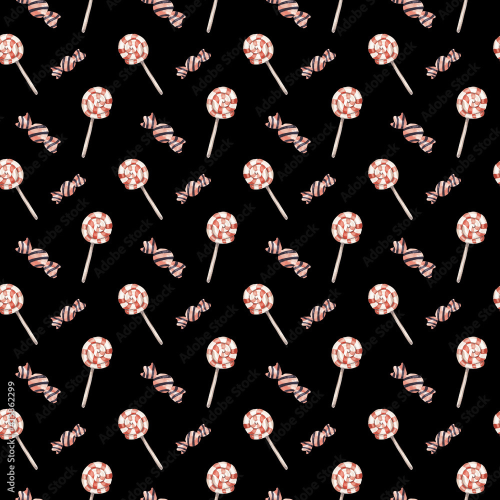 Fototapeta premium Watercolor halloween pattern with candies Dark digital paper, seamless pattern, scrapbooking, wrapping and wallpaper, fabric and textile design. Nursery, kids clothes design