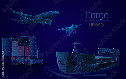 Global logistics network  set of air cargo transportation maritime shipping On-time delivery Vehicles designed to carry large and small numbers of cargo. plexus. vector illustration, dot, low poly,