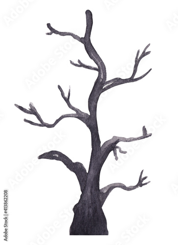 Watercolor halloween black tree Isolated on white jpg Hand drawn hand painted spooky and scary illustration