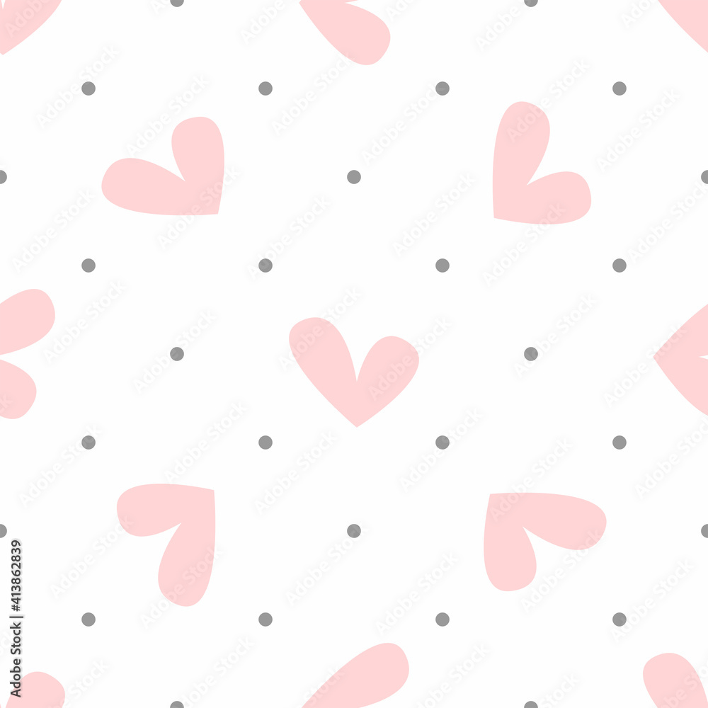 Repeating heart and polka dot. Cute pastel seamless pattern. Simple vector illustration.
