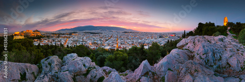 View of Acropolis from Filopappou hill at sunrise, Greece.