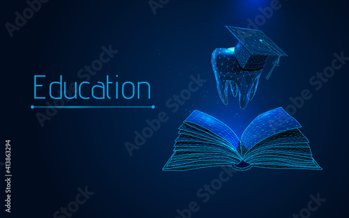 Dental education for the dentist. future profession Futuristic tooth and graduation cap and open book cover. online education course concept. plexus. vector illustration, dot, low poly,